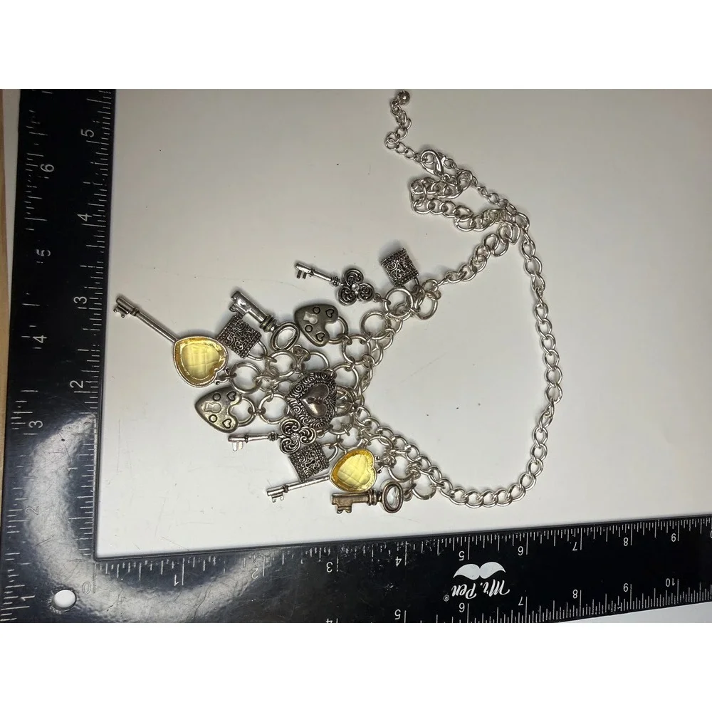 Silver Tone Heart Lock and Key Charm Necklace Yellow Faceted Stones Statement